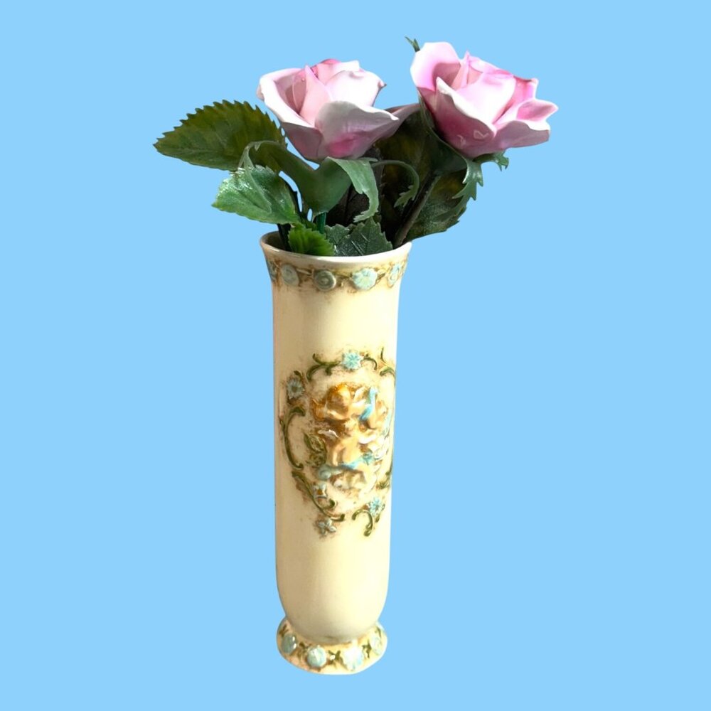 Antique Ceramic Bud Vase 6" Cherub Design & Pink Porcelain Bouquet Roses READ